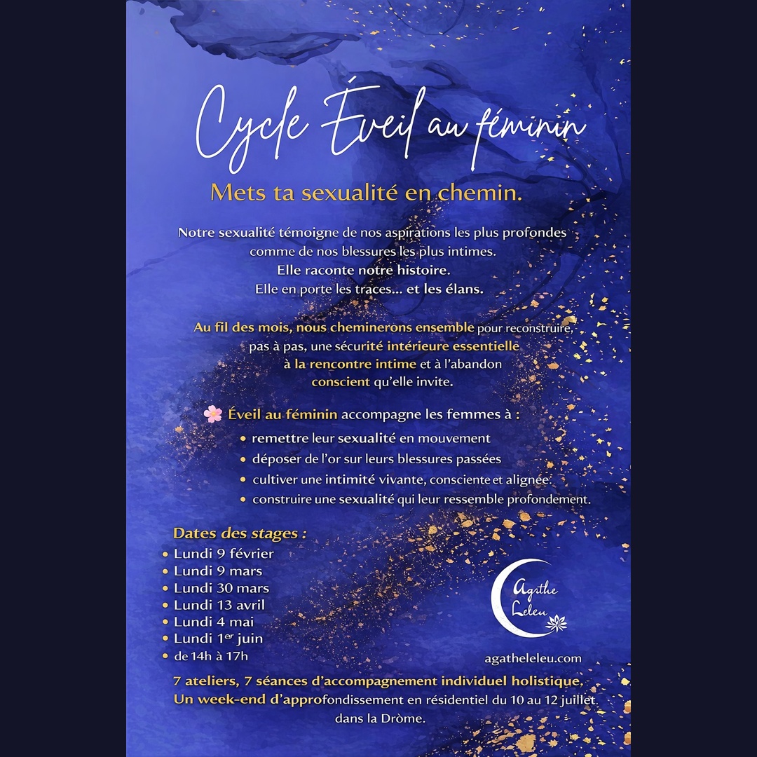 Le cycle Éveil au féminin est un parcours d’accompagnement dédié aux femmes qui souhaitent explorer leur sexualité consciente et reconstruire une sécurité intérieure.